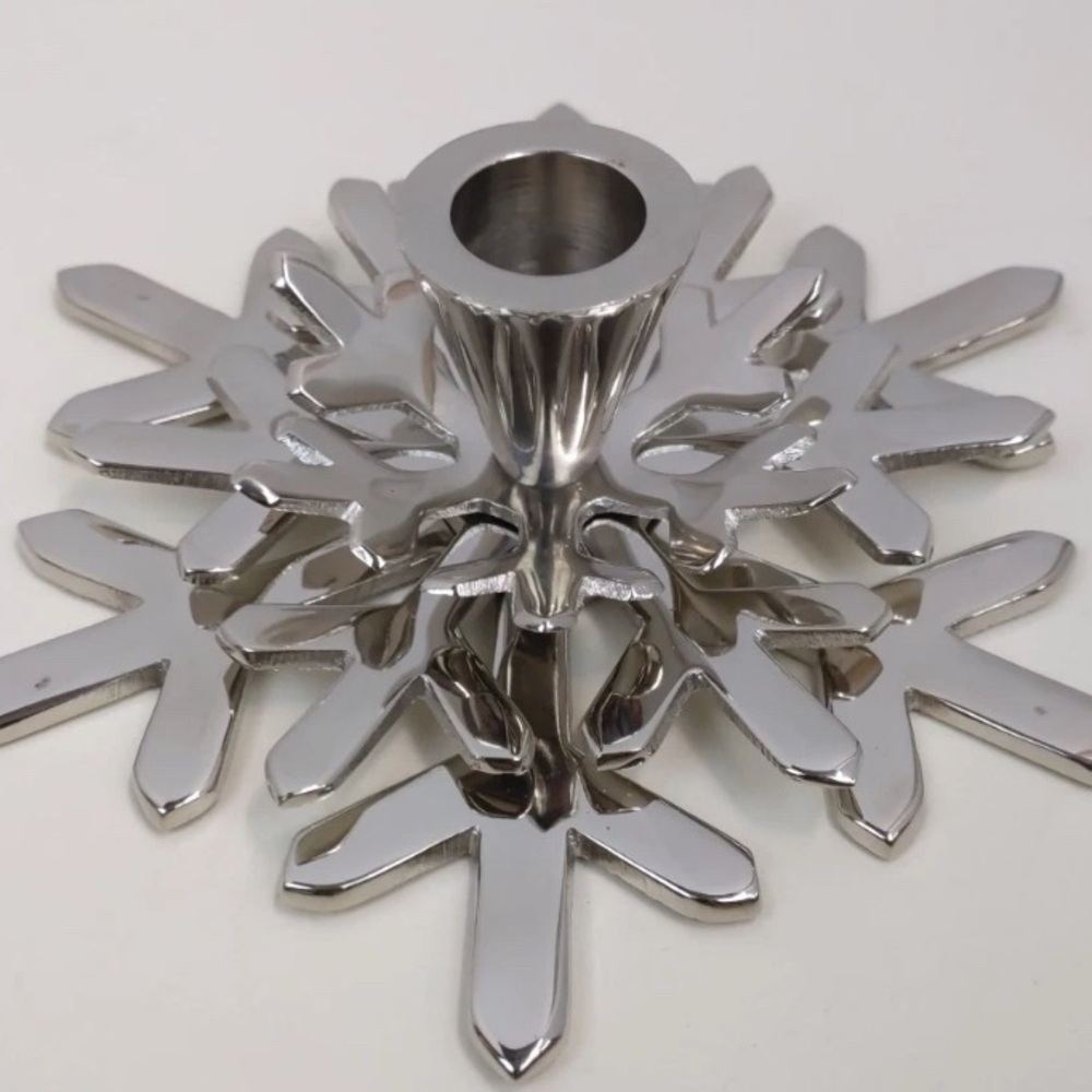 Crate and Barrel Pair of Silver Snowflake Candle Holders